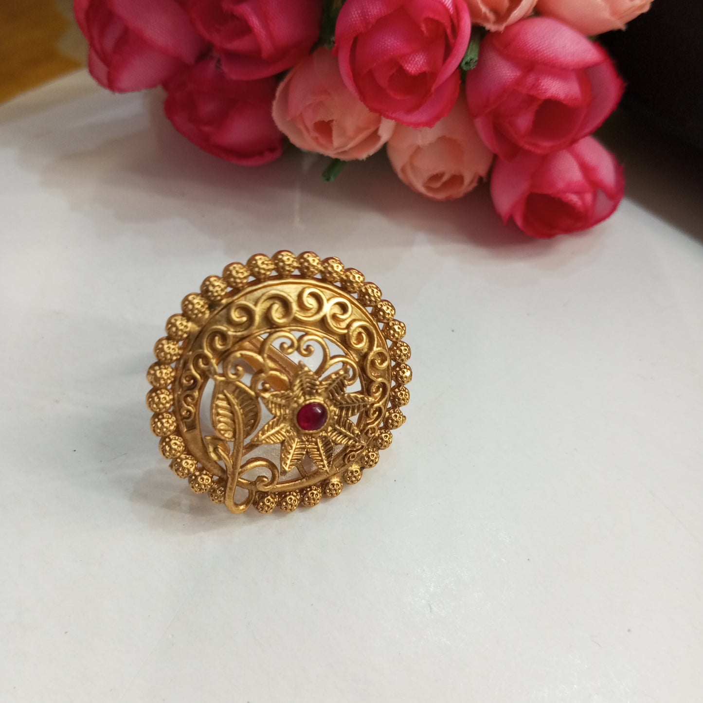 Matte Finish Adjustable Ring- Flower and Leaf design