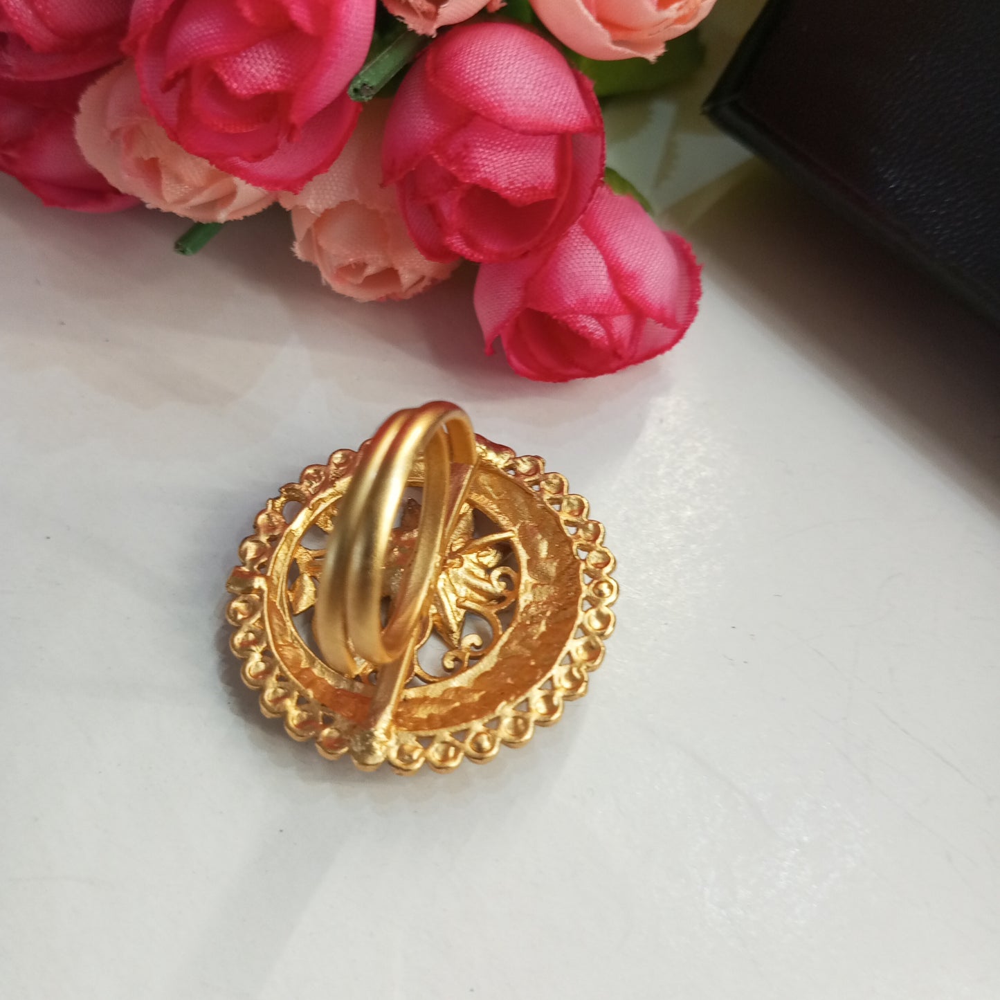 Matte Finish Adjustable Ring- Flower and Leaf design