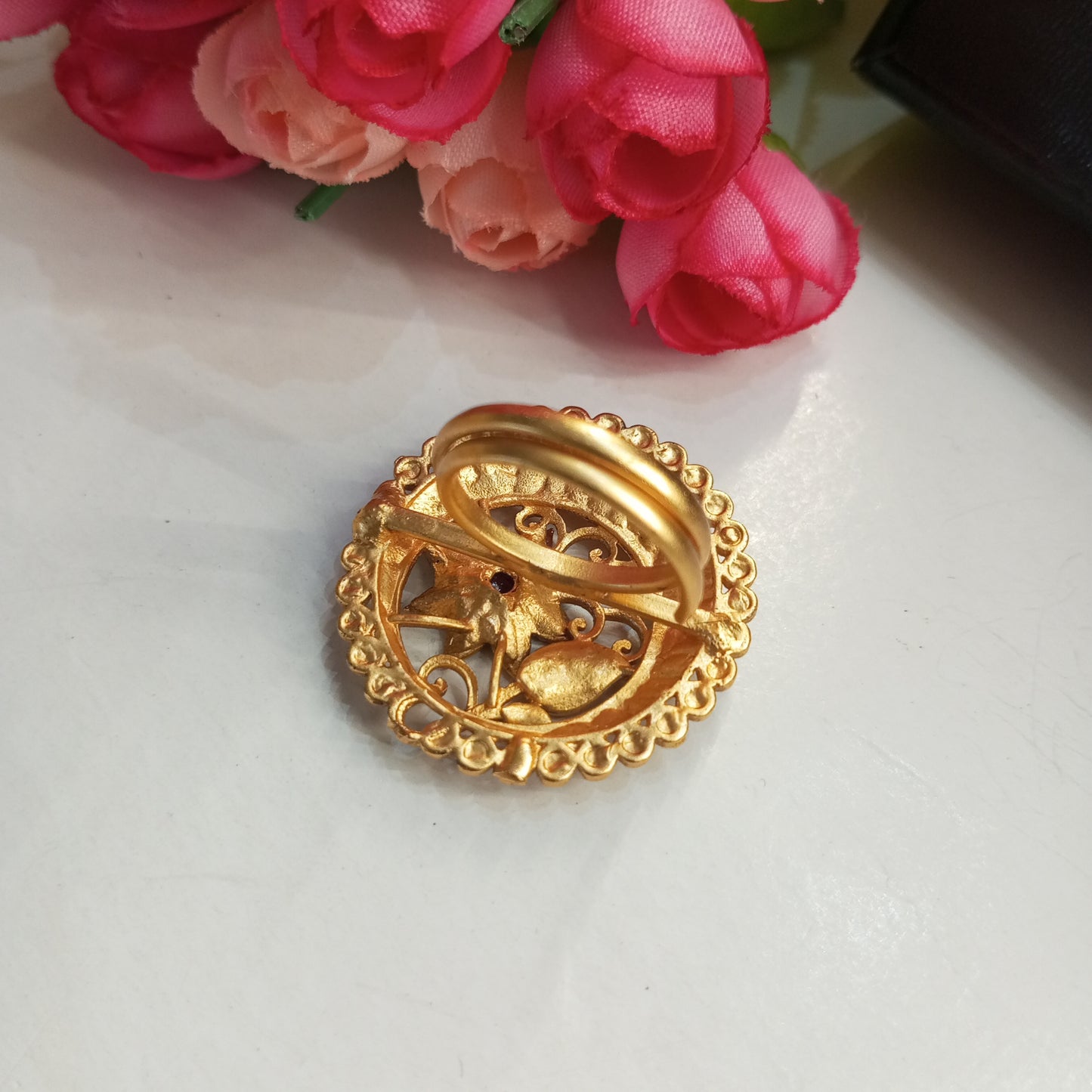 Matte Finish Adjustable Ring- Flower and Leaf design