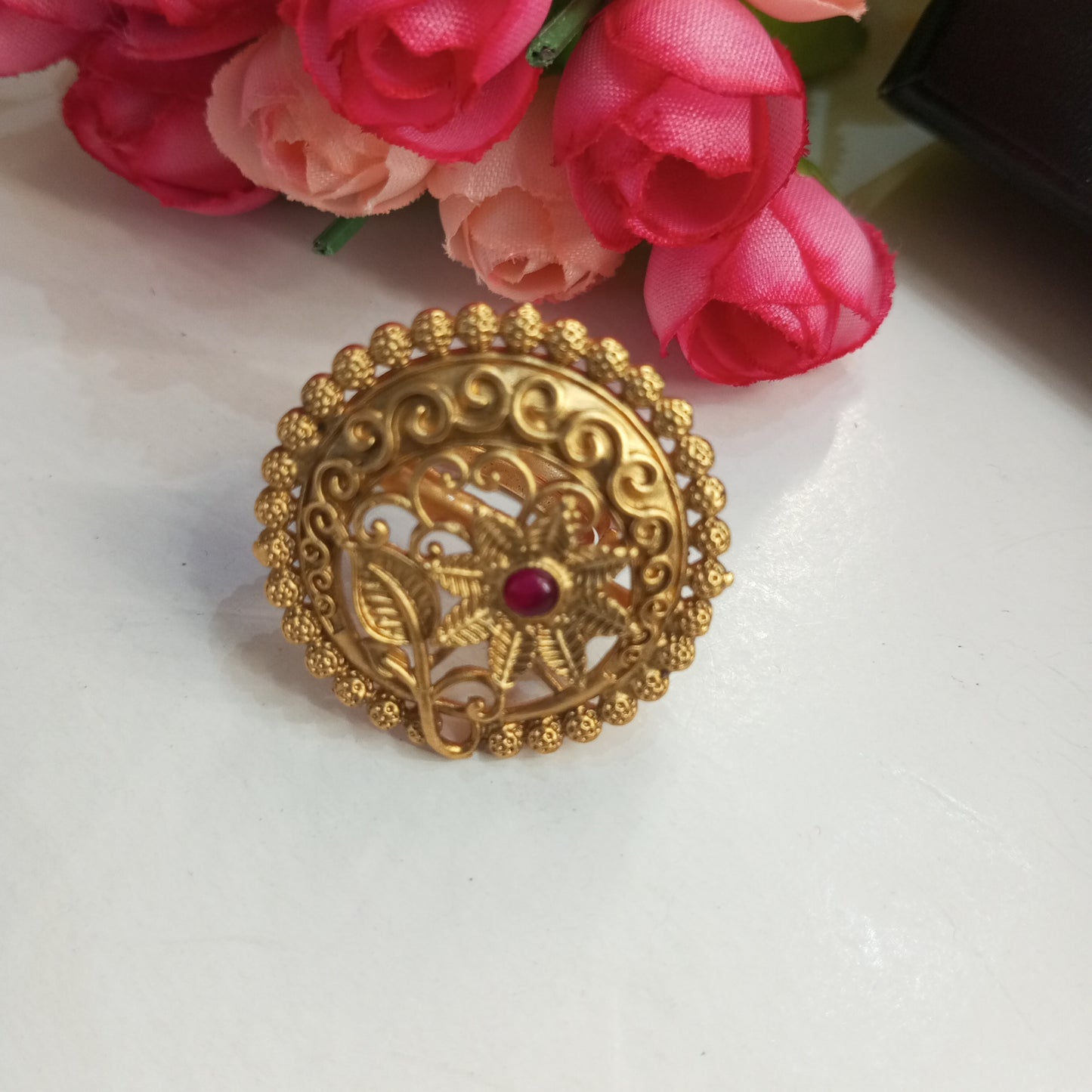 Matte Finish Adjustable Ring- Flower and Leaf design