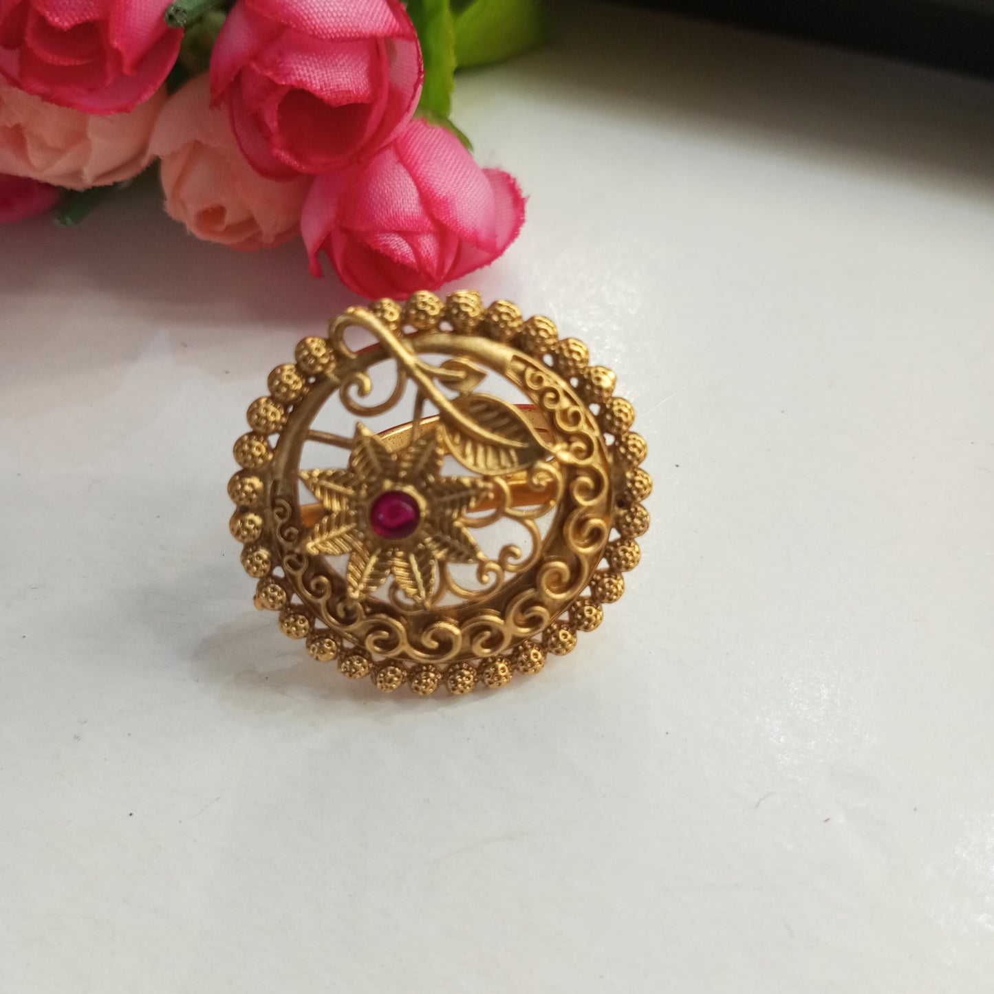 Matte Finish Adjustable Ring- Flower and Leaf design