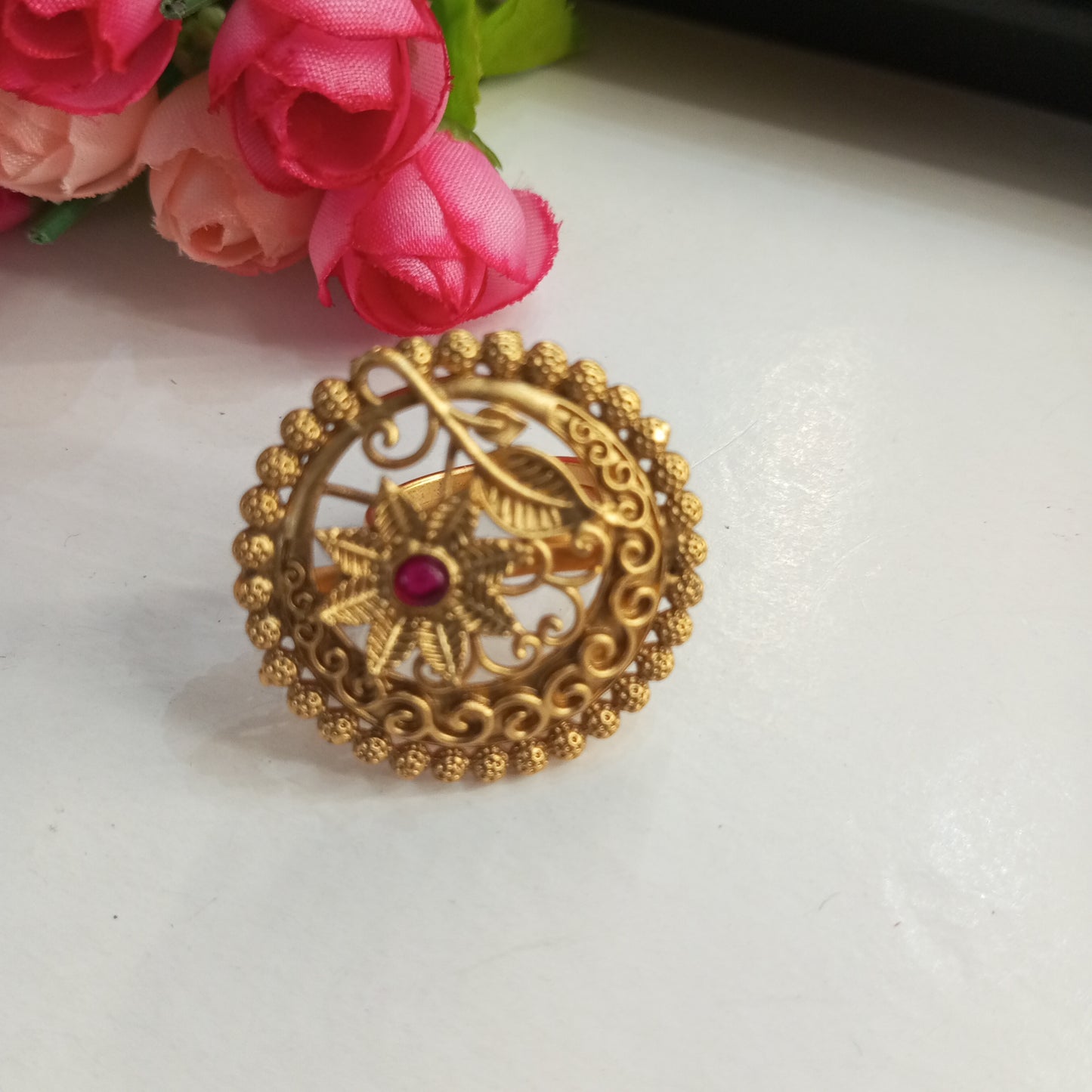 Matte Finish Adjustable Ring- Flower and Leaf design