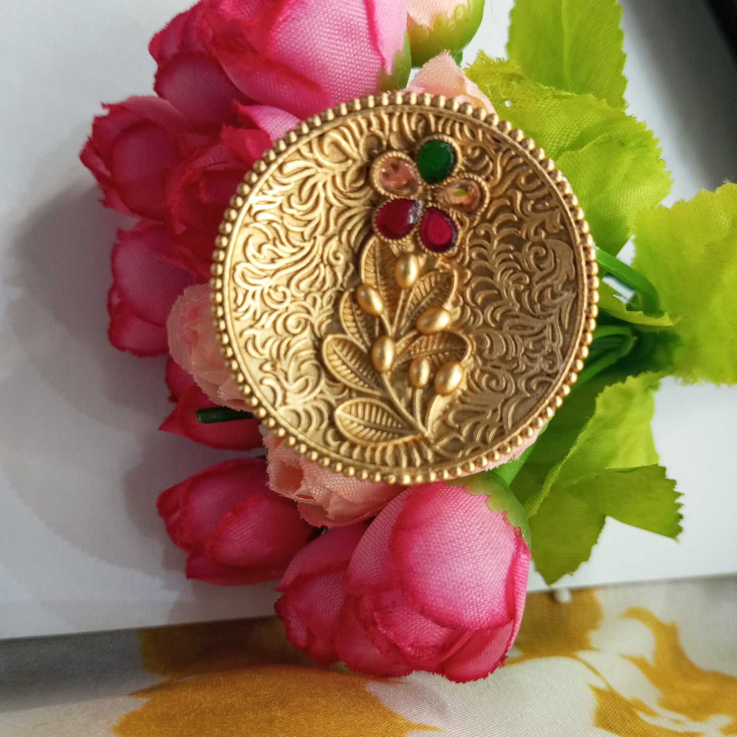 Matte Finish Adjustable Ring- Multicolor Stone Flower and Leaves design