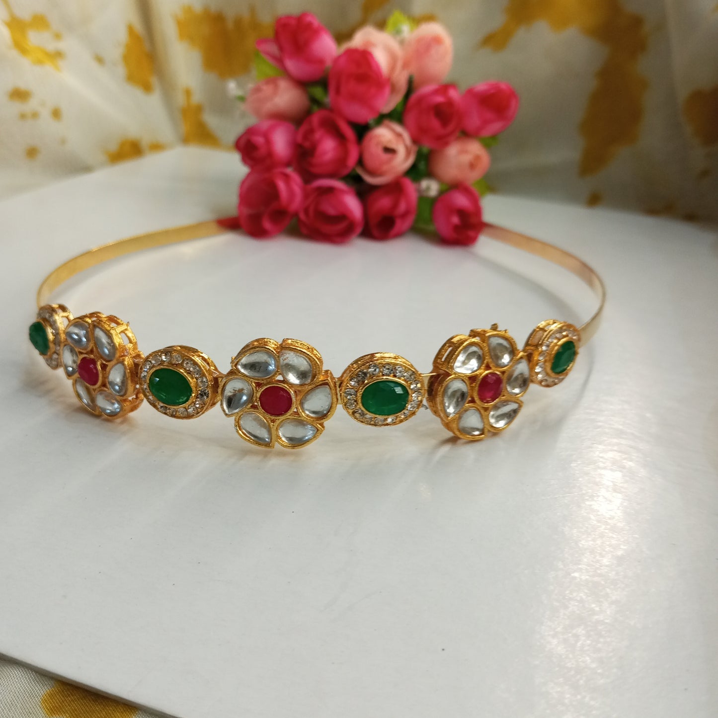 Mathapatti Headband- Red and Green Flower Design