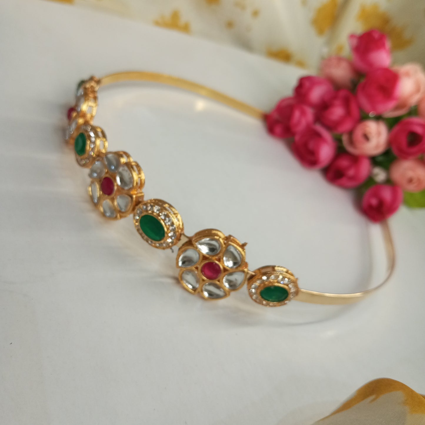 Mathapatti Headband- Red and Green Flower Design