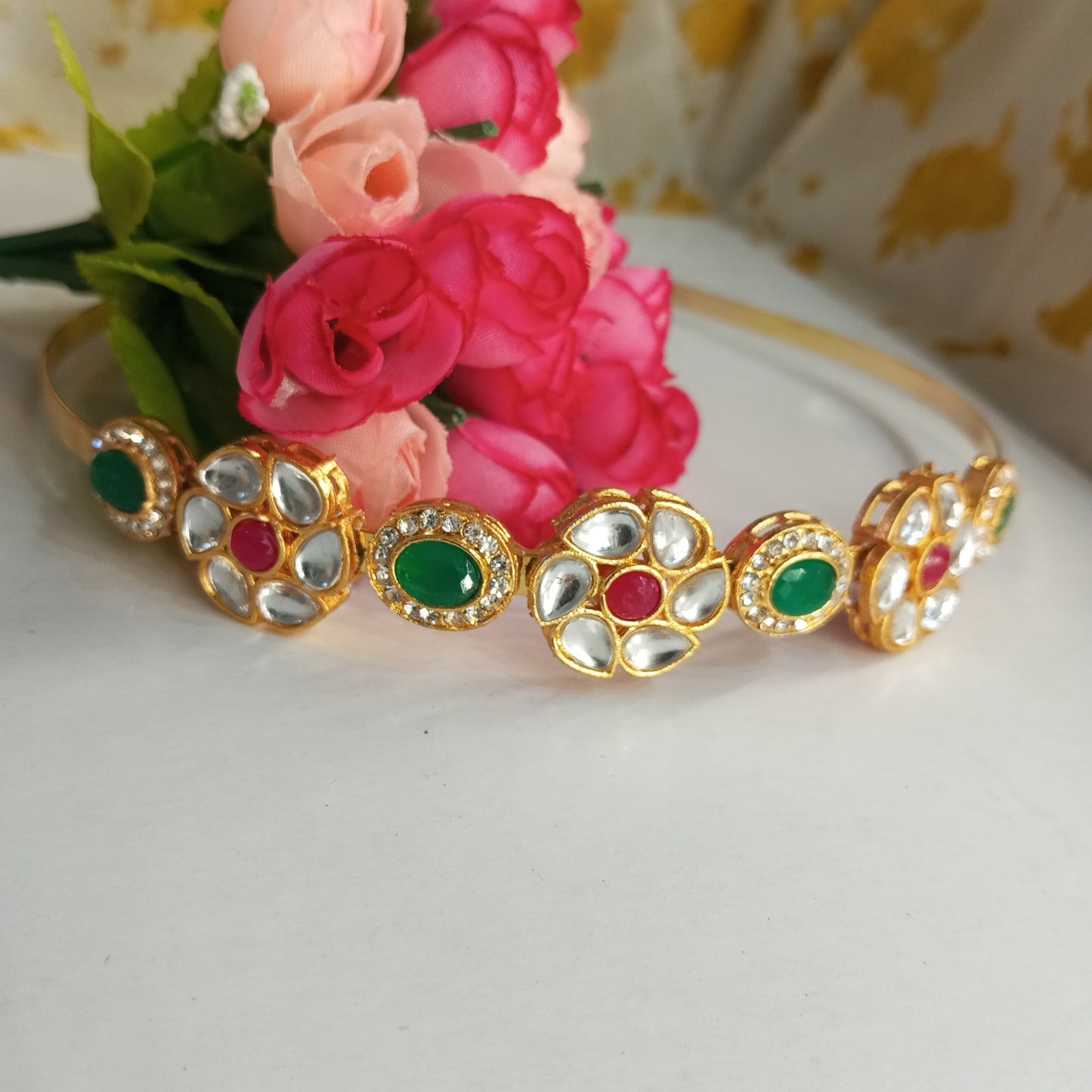 Mathapatti Headband- Red and Green Flower Design