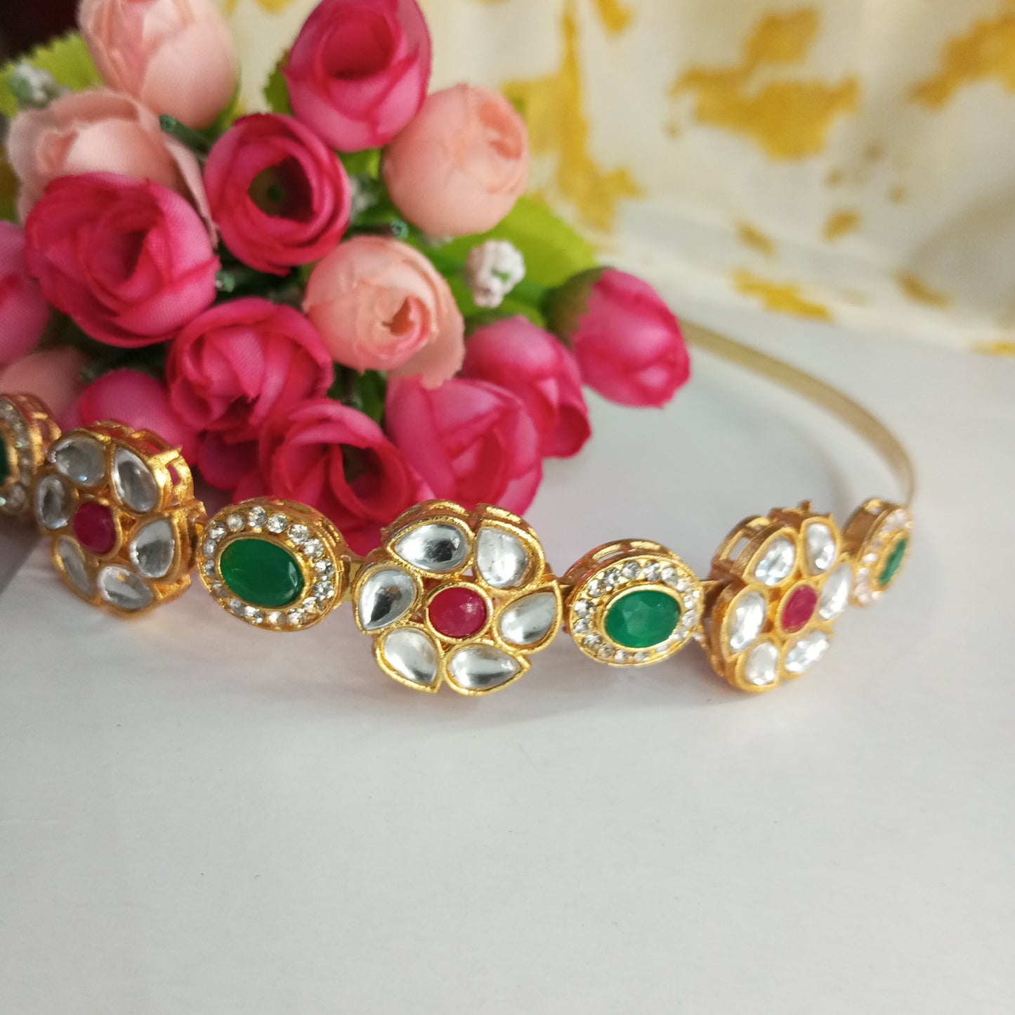Mathapatti Headband- Red and Green Flower Design