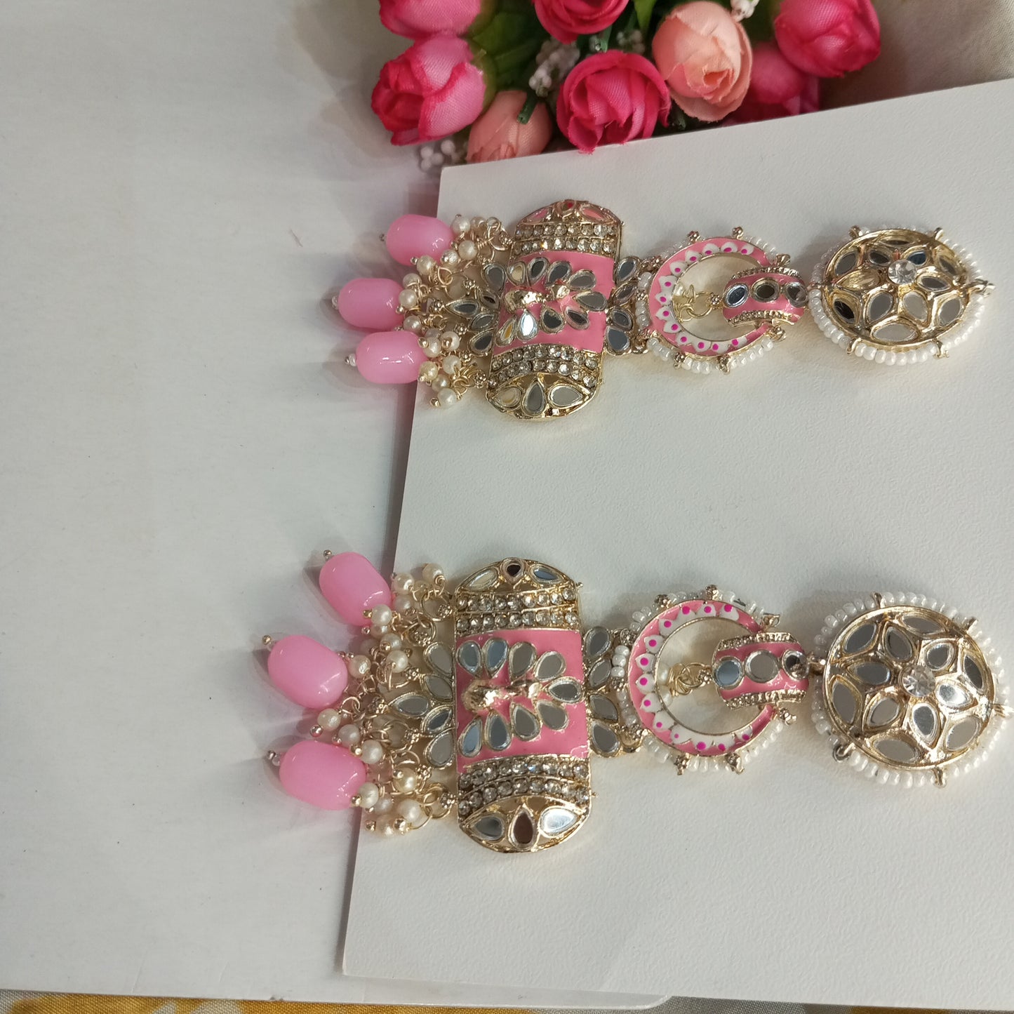 Mirror Work Ethnic Long Earrings- Baby Pink and Silver