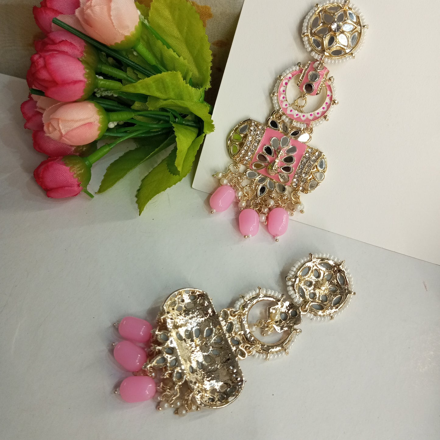 Mirror Work Ethnic Long Earrings- Baby Pink and Silver