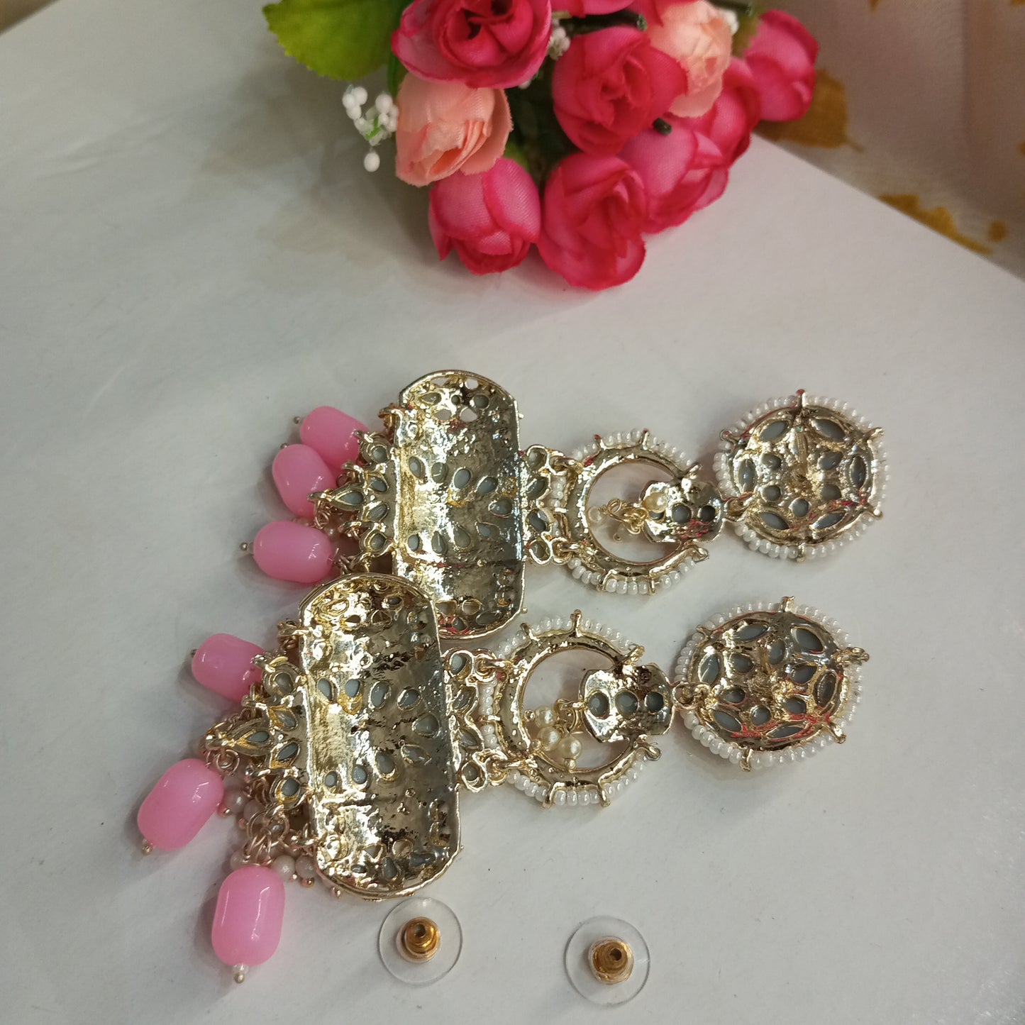 Mirror Work Ethnic Long Earrings- Baby Pink and Silver