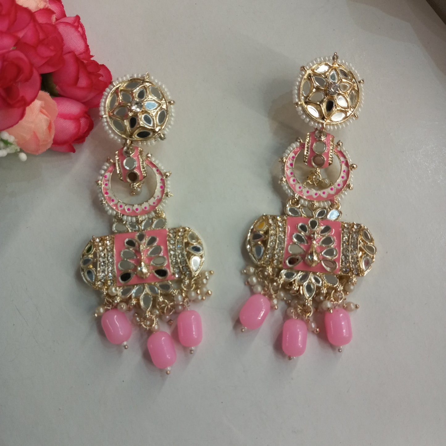 Mirror Work Ethnic Long Earrings- Baby Pink and Silver