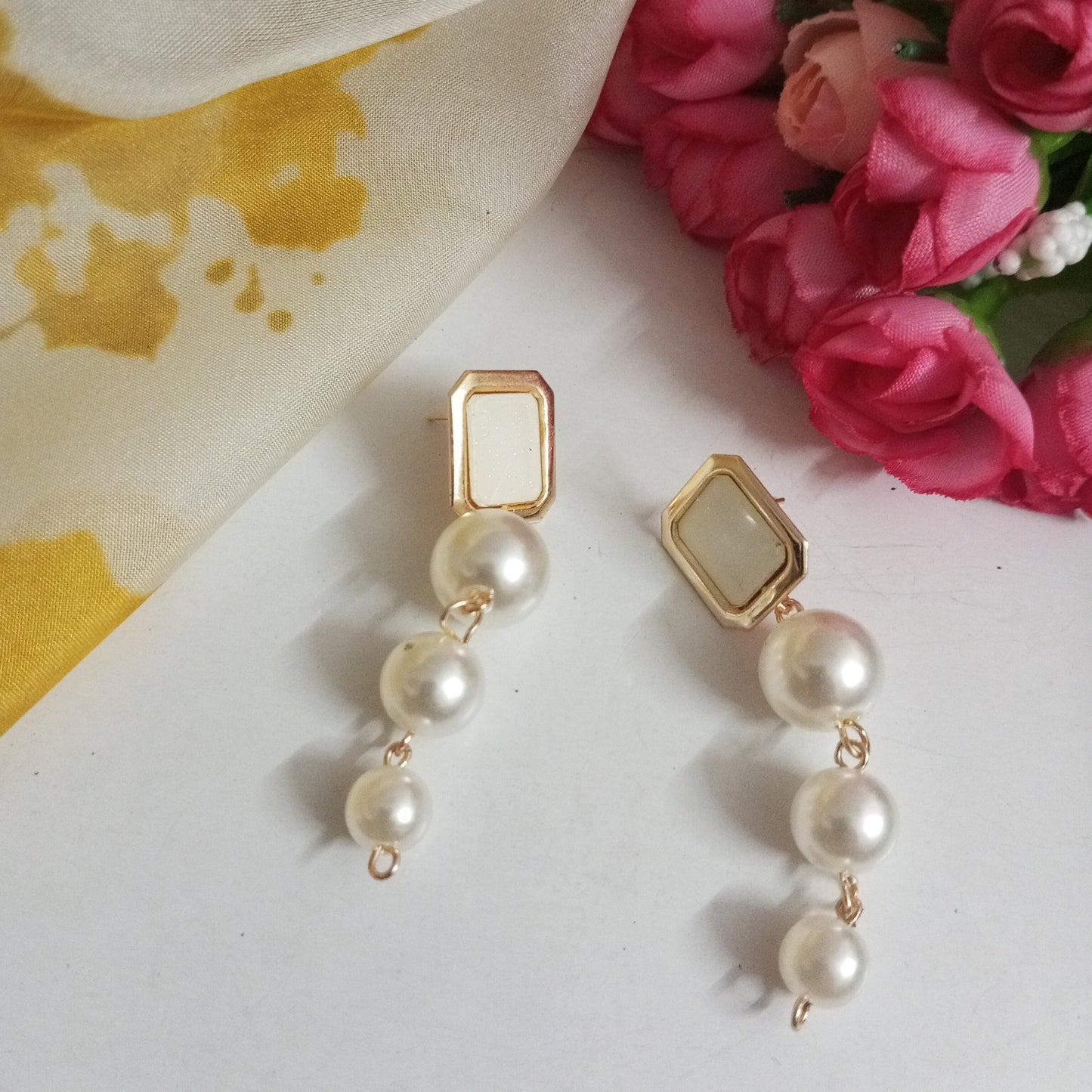 Gold Toned Drop Pearls Earrings