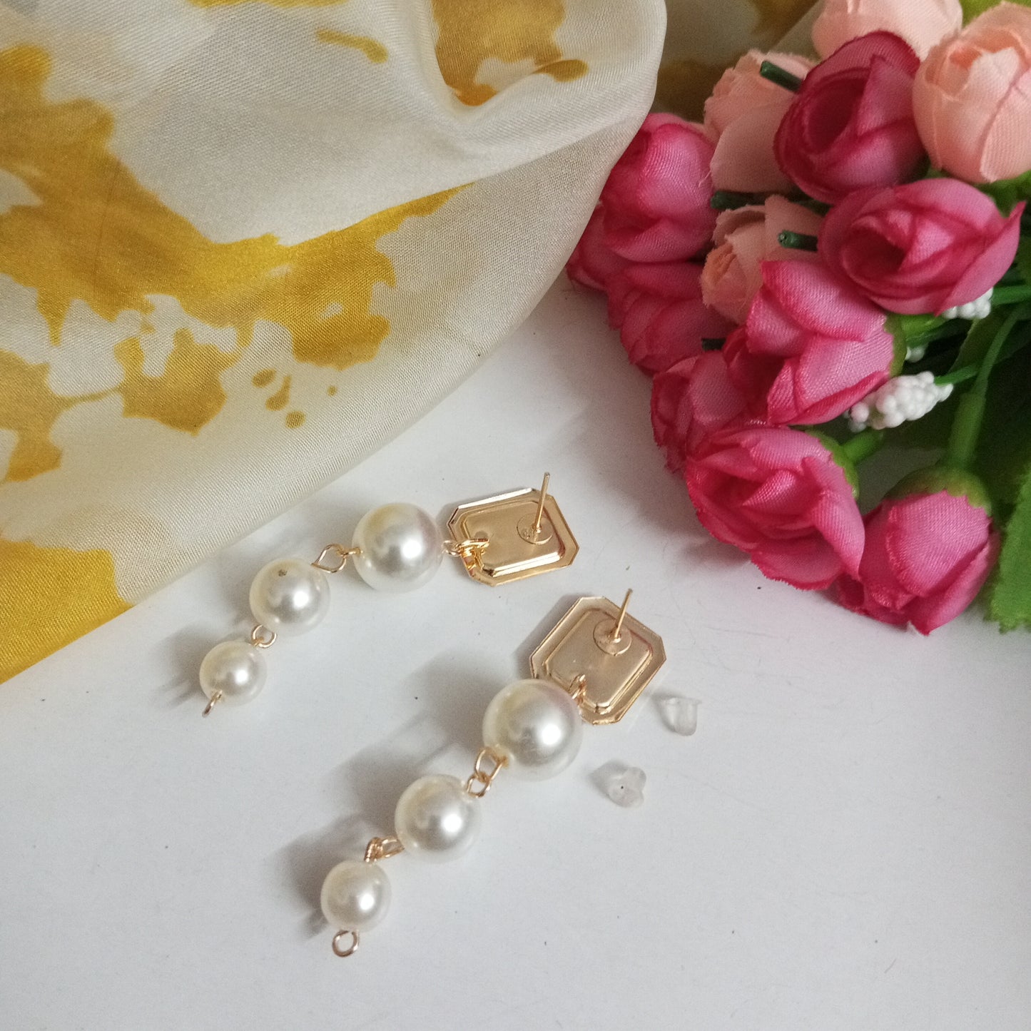Gold Toned Drop Pearls Earrings