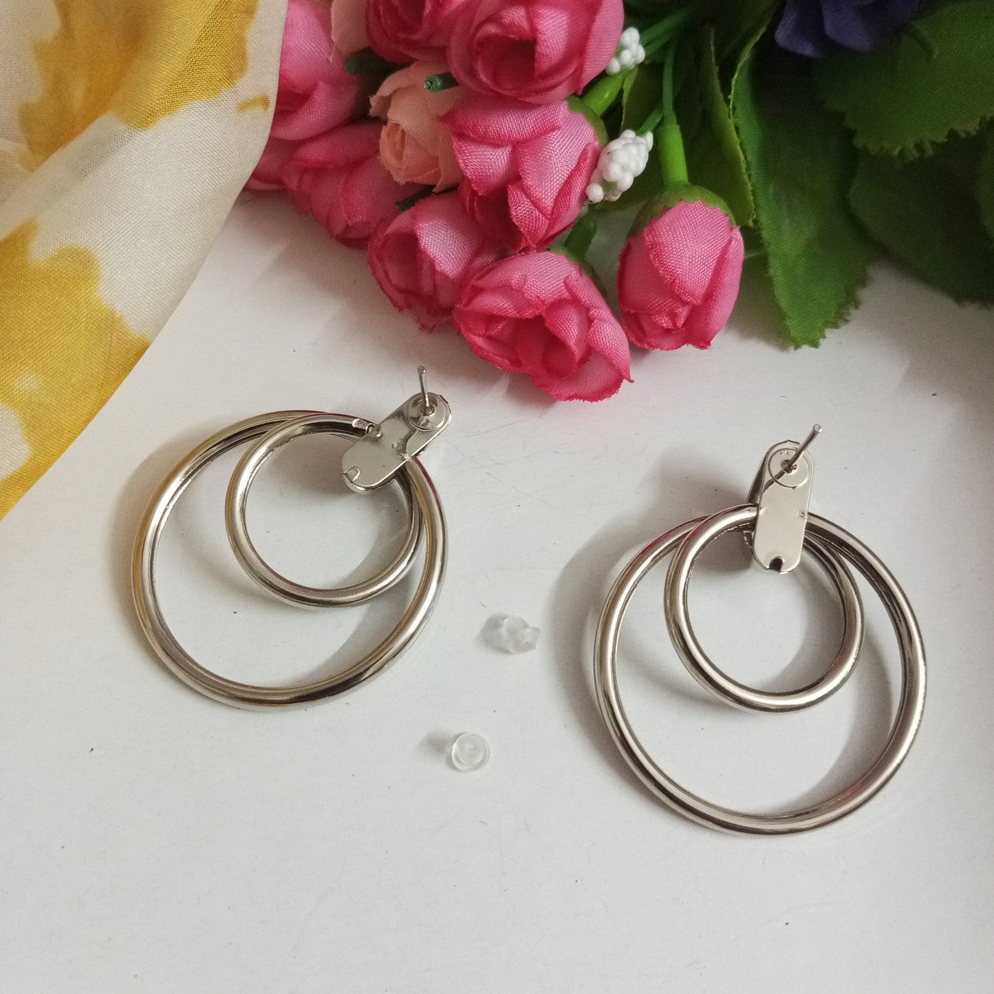 Silver Toned Drop Earrings double circle