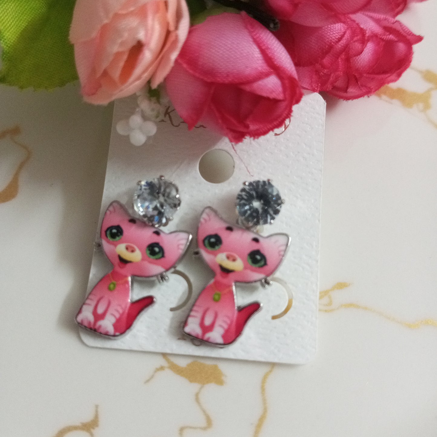 Cz Cute Cat Drop Earrings