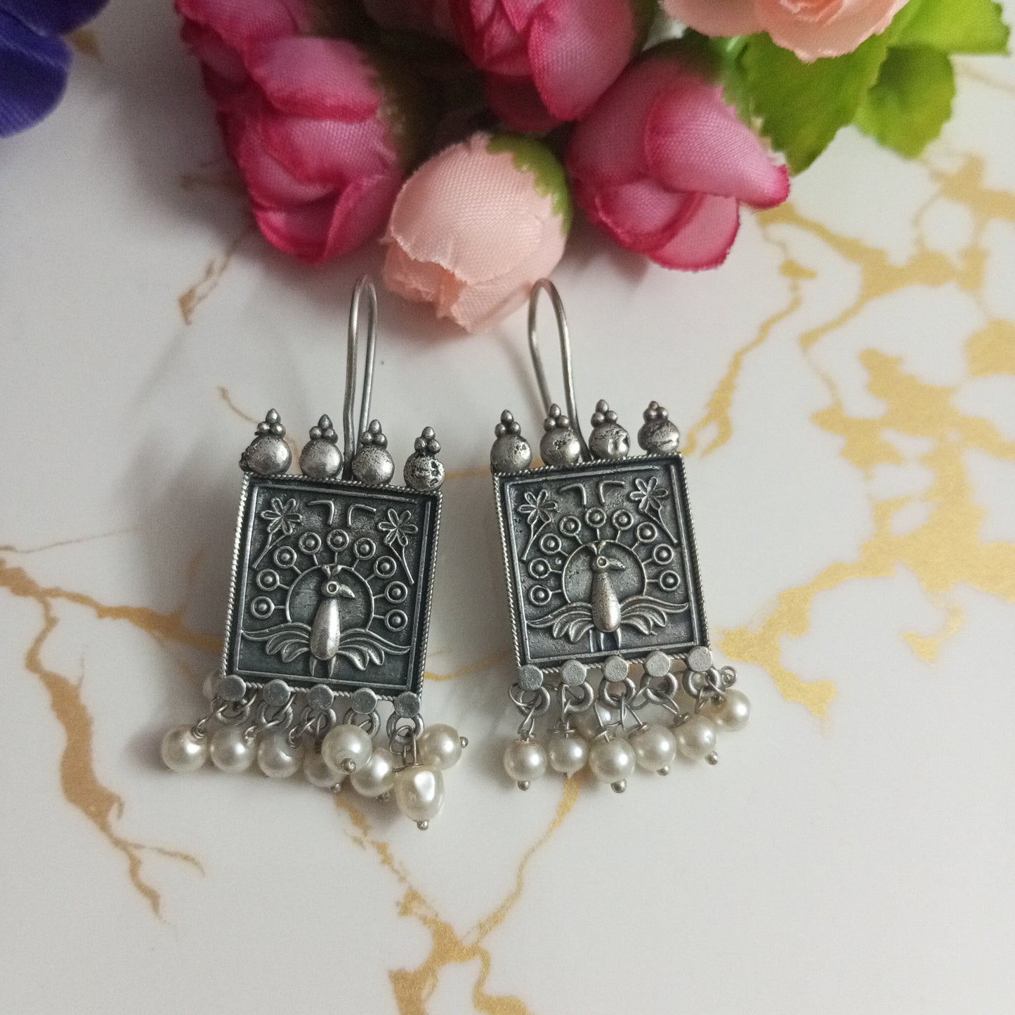 Peacock design Oxidised Earrings with hanging pearls