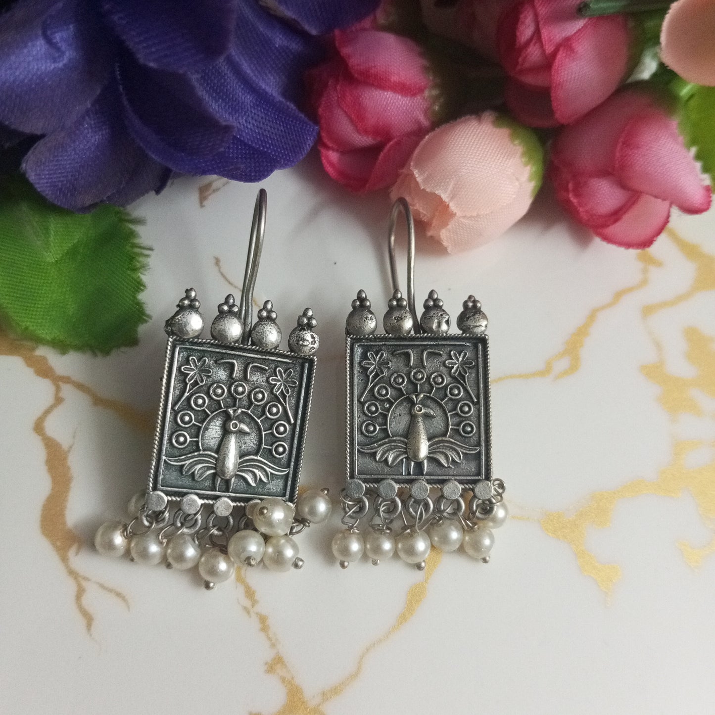Peacock design Oxidised Earrings with hanging pearls