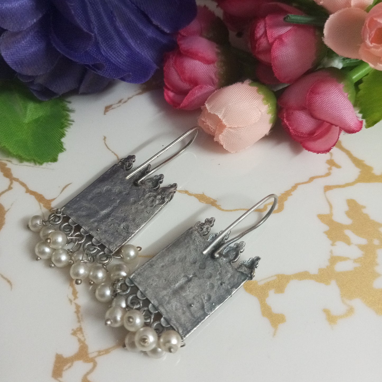 Peacock design Oxidised Earrings with hanging pearls
