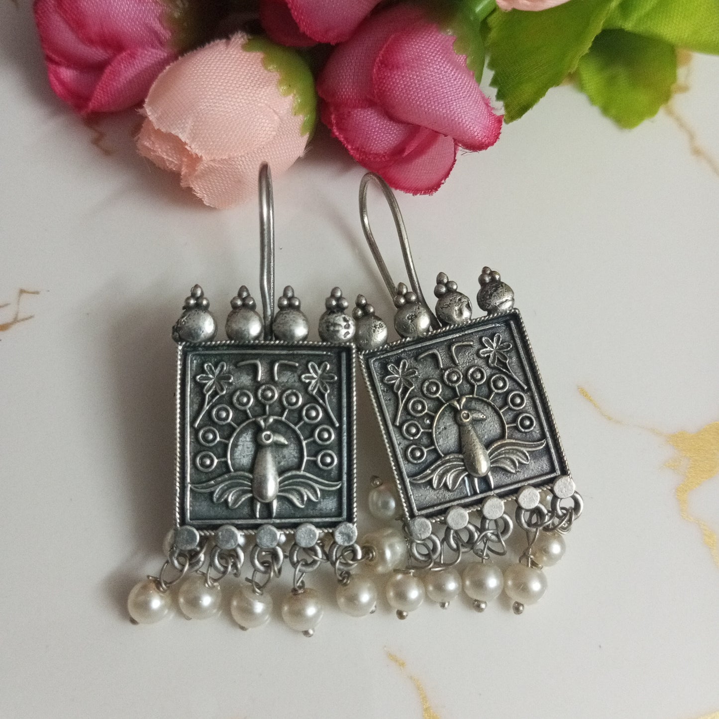 Peacock design Oxidised Earrings with hanging pearls