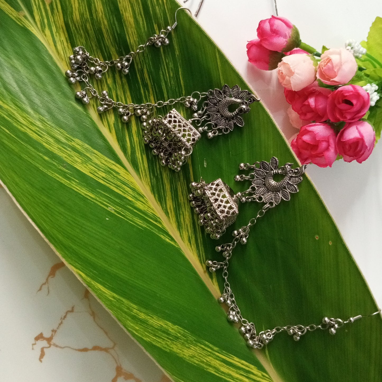 Oxidised Jhumka with Earchain- Earrings