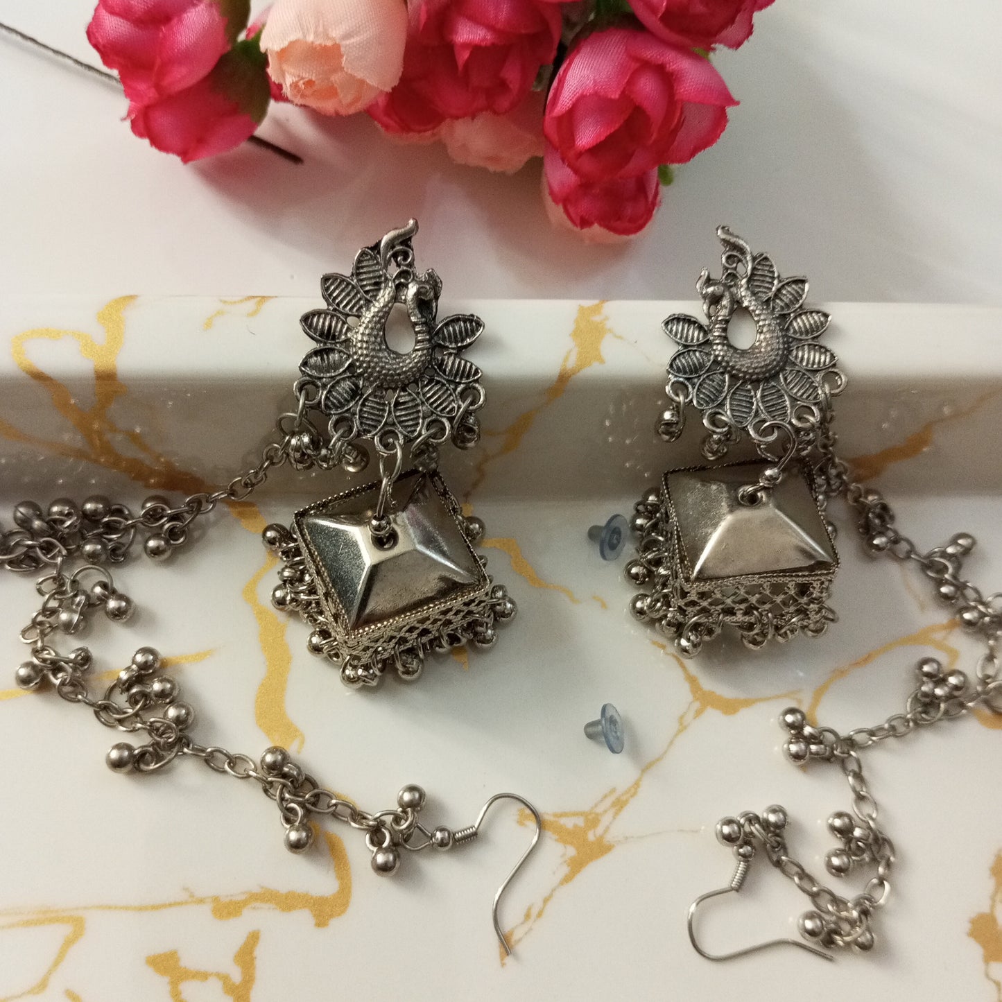 Oxidised Jhumka with Earchain- Earrings