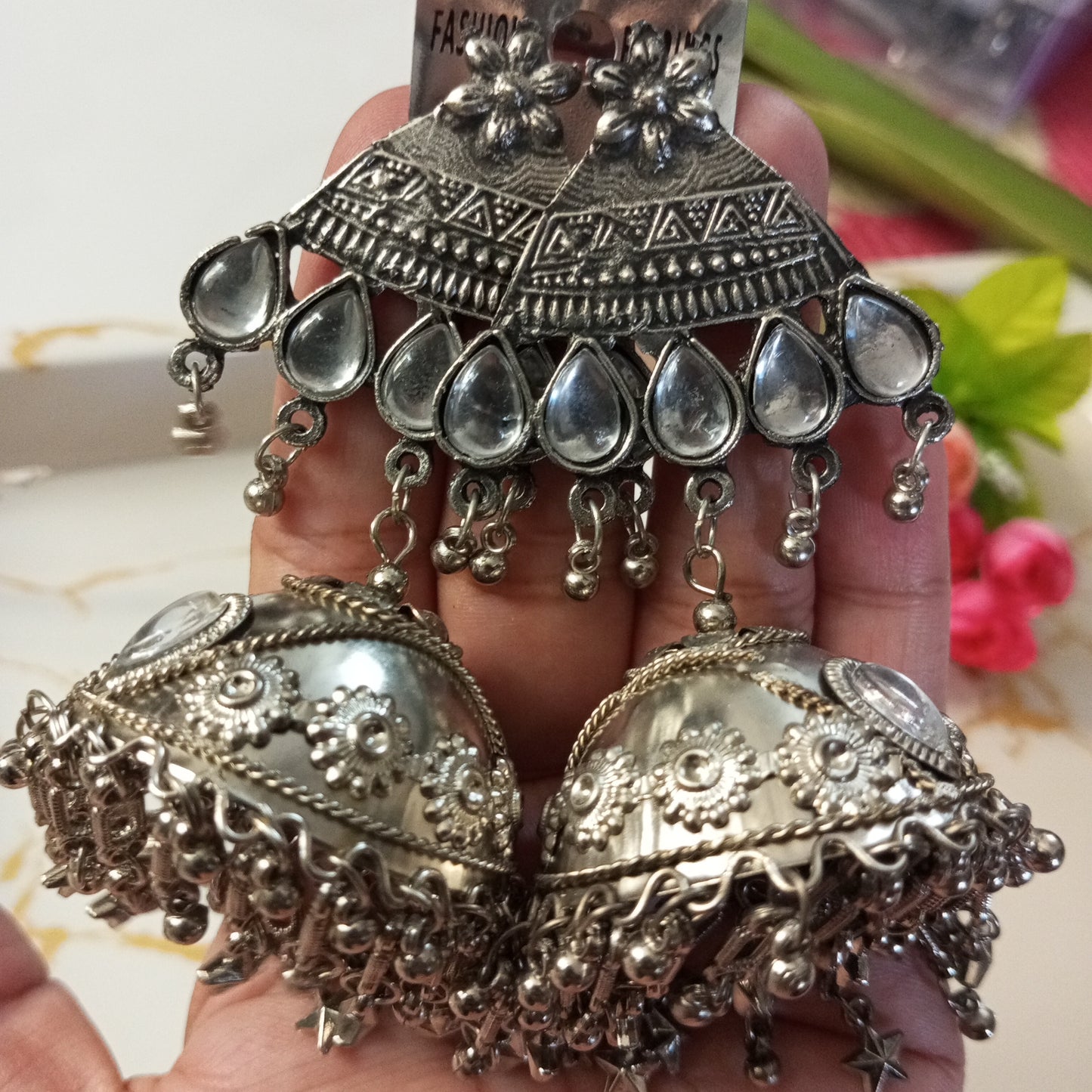 Oxidised Big Jhumka Earrings with Mirror work