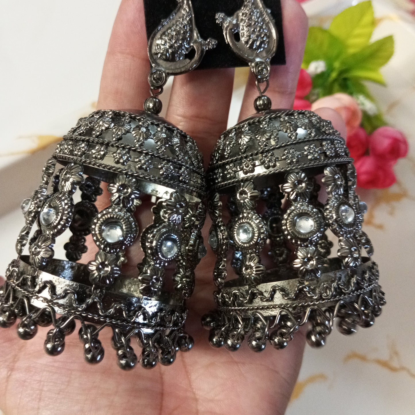 Oxidised Big Earrings with Mirror work