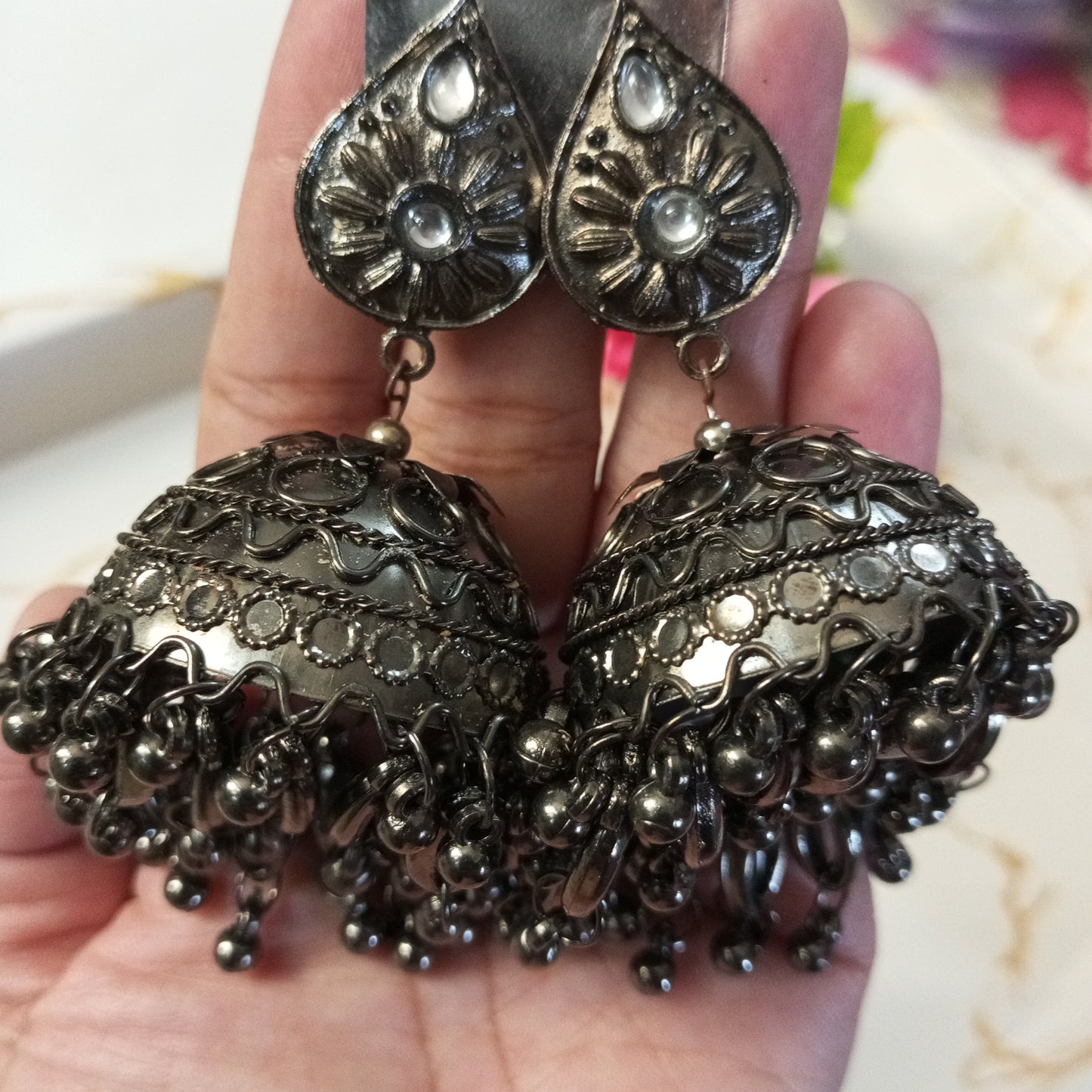 Oxidised Big Jhumka Earrings with Mirror work
