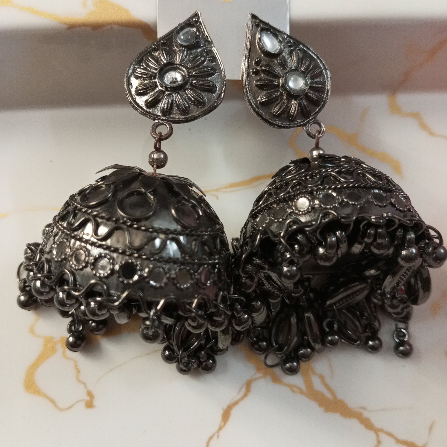Oxidised Big Jhumka Earrings with Mirror work
