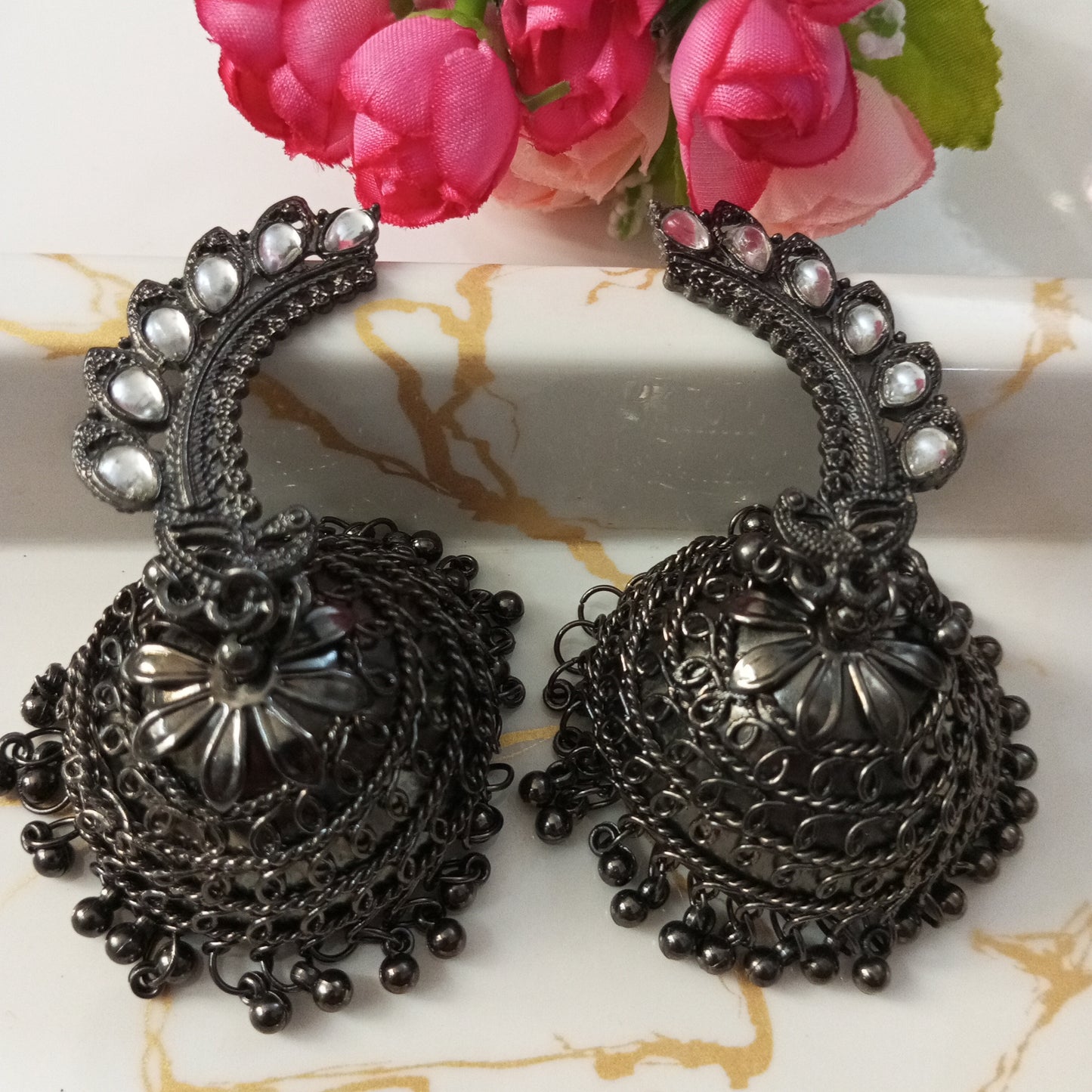 Oxidised Big Jhumka Earrings with Mirror work