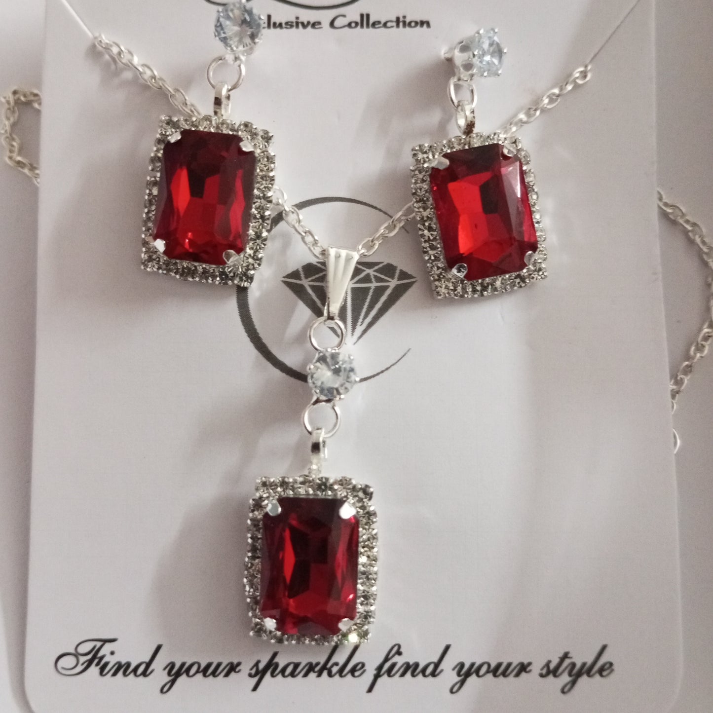 Silver Chain with Pendant and Earrings-Rectangle