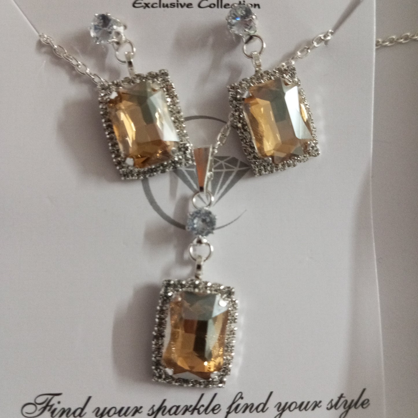 Silver Chain with Pendant and Earrings-Rectangle