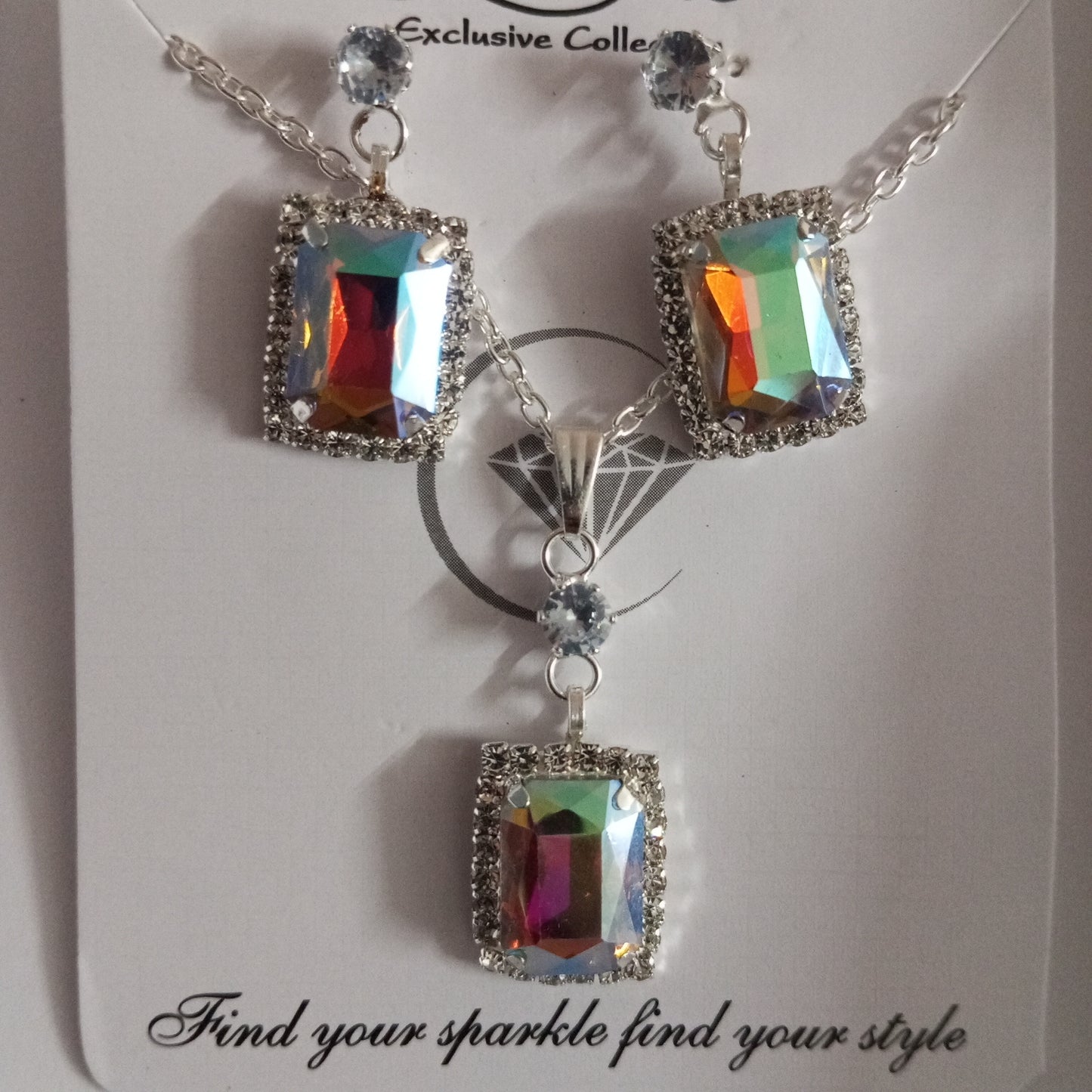 Silver Chain with Pendant and Earrings-Rectangle