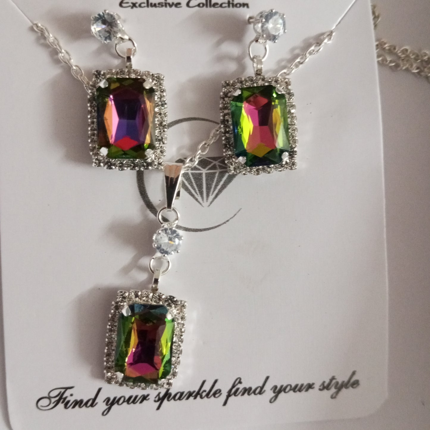 Silver Chain with Pendant and Earrings-Rectangle