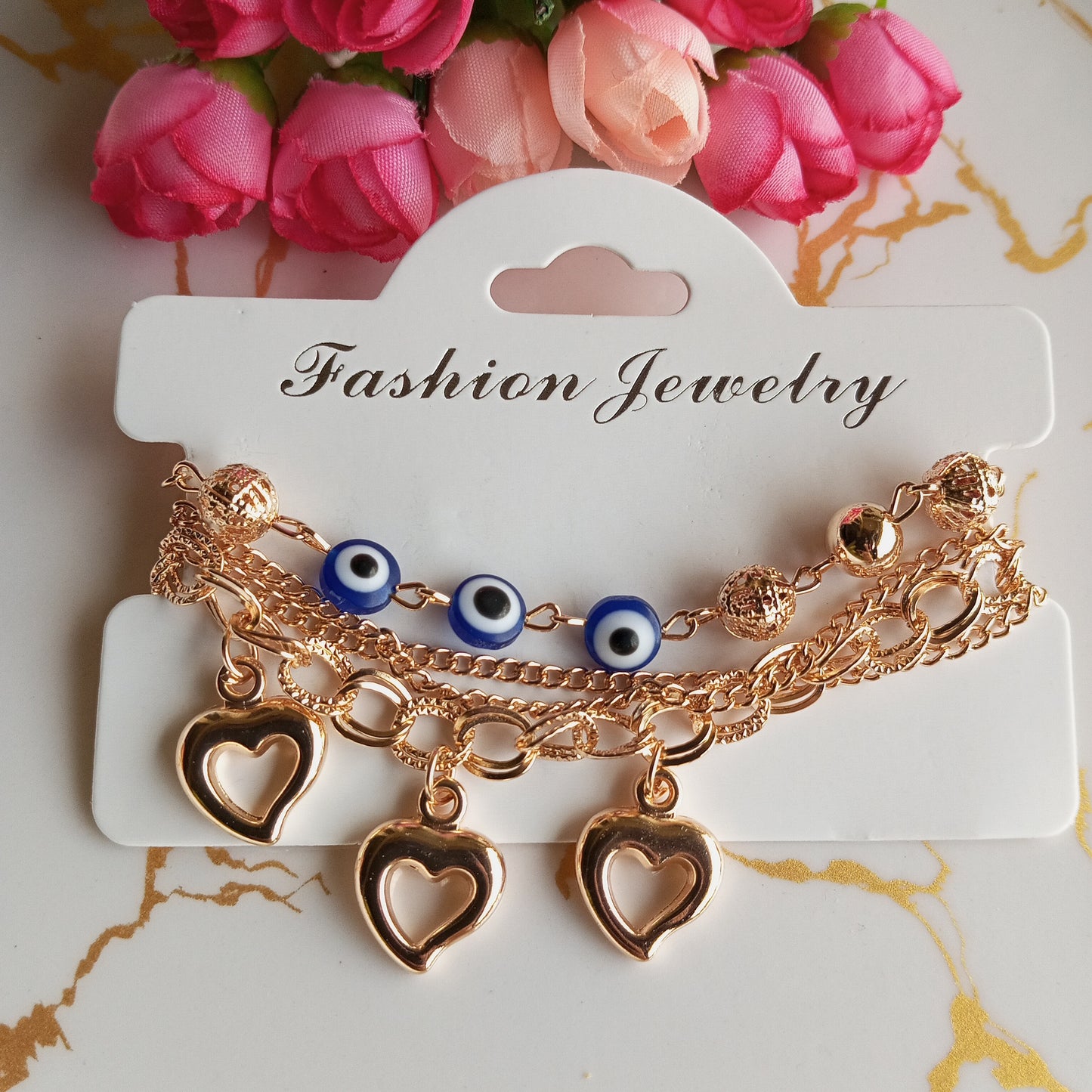 Multilayer Adjustable Bracelet- Hearts and Evil eye