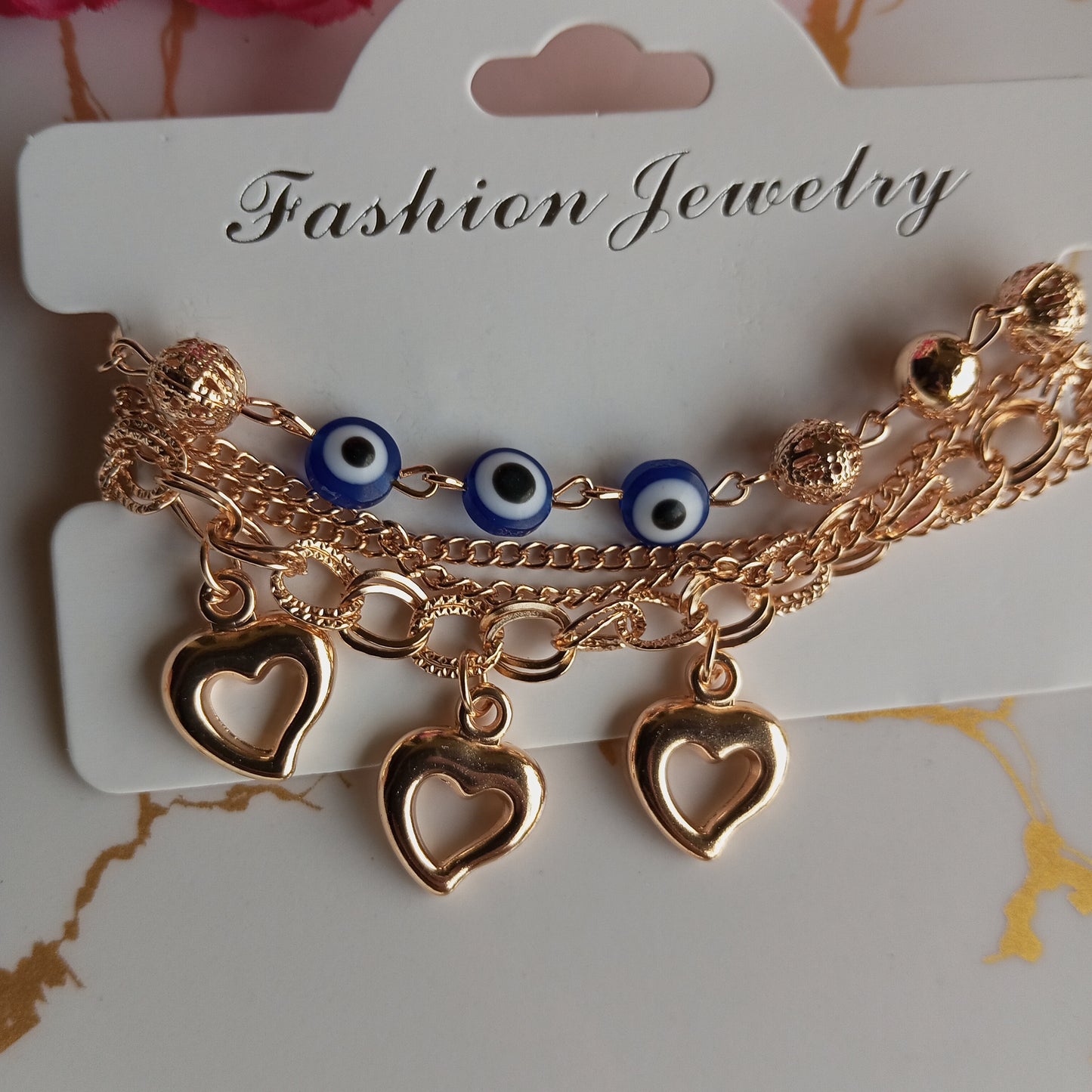 Multilayer Adjustable Bracelet- Hearts and Evil eye