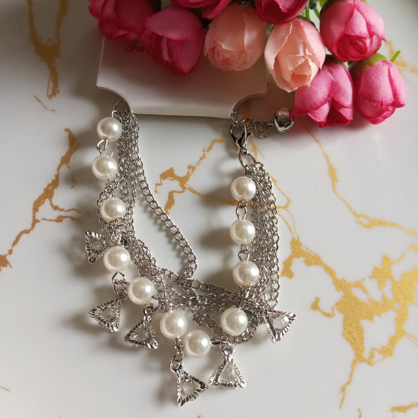 Silver Multilayer Adjustable Bracelet- Pearls