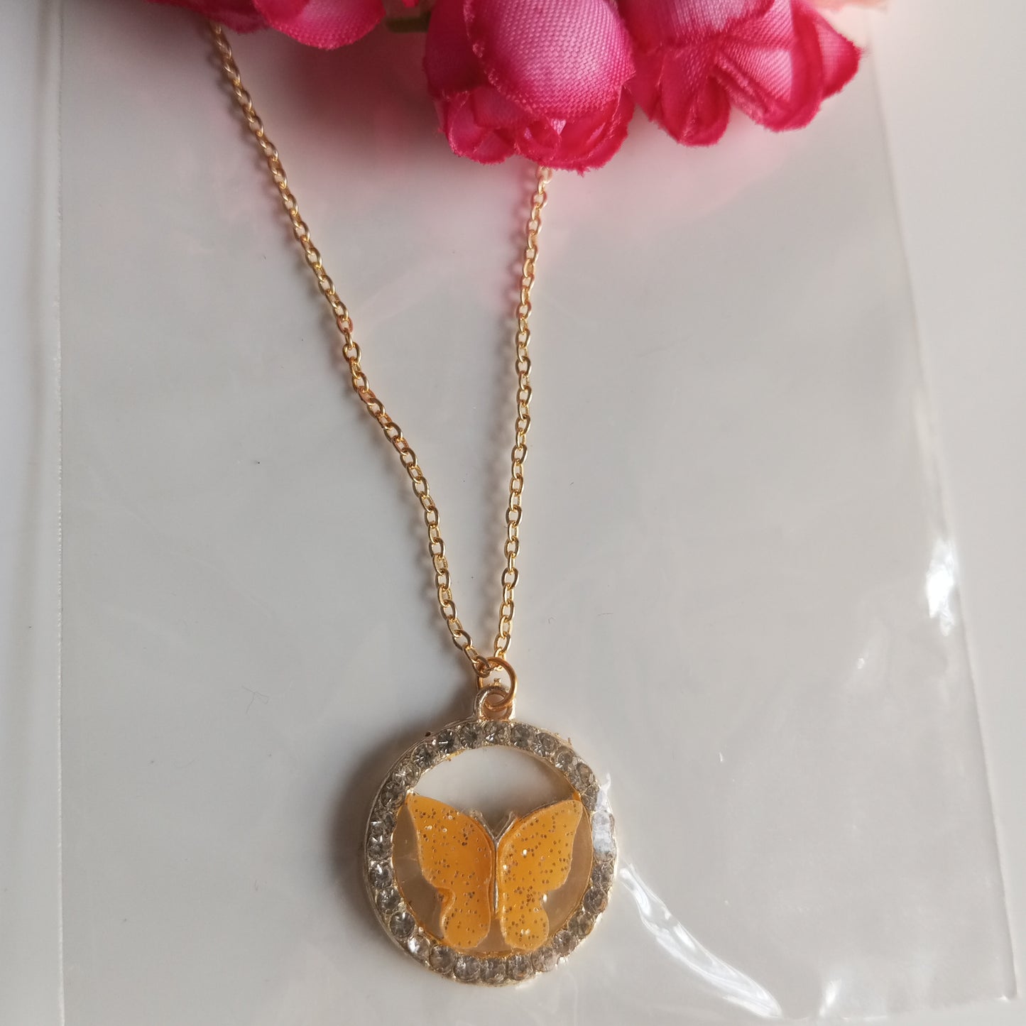 Chain with Pendant- cz Round Yellow Butterfly