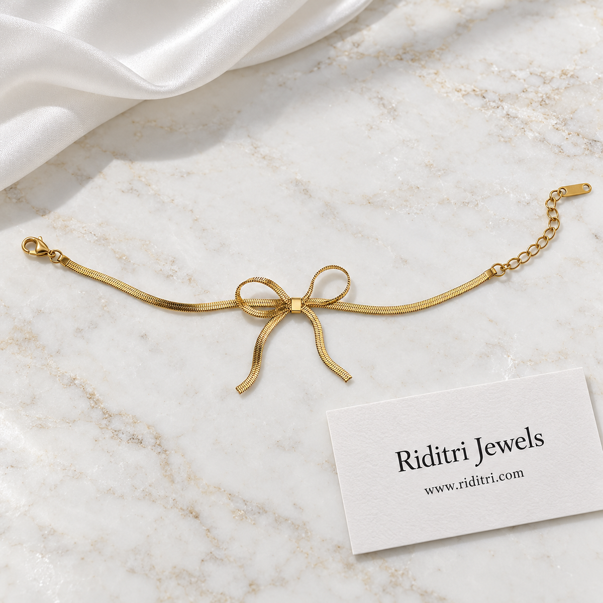 Anti Tarnish Gold Bow Bracelet – full length with lobster clasp and adjustable extender chain, view 3
