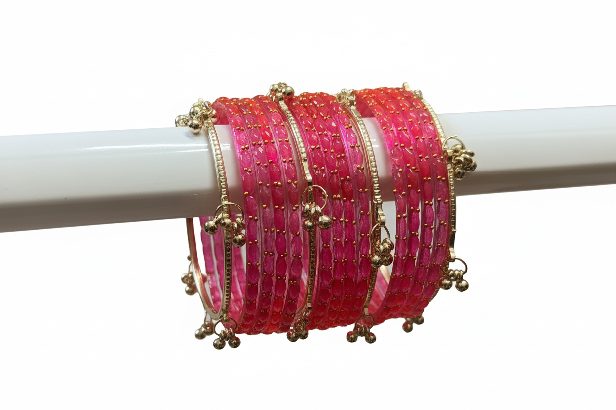Viral Kashmiri Ghungroo Glass Bangle Set- Cute Pink 2 dozen