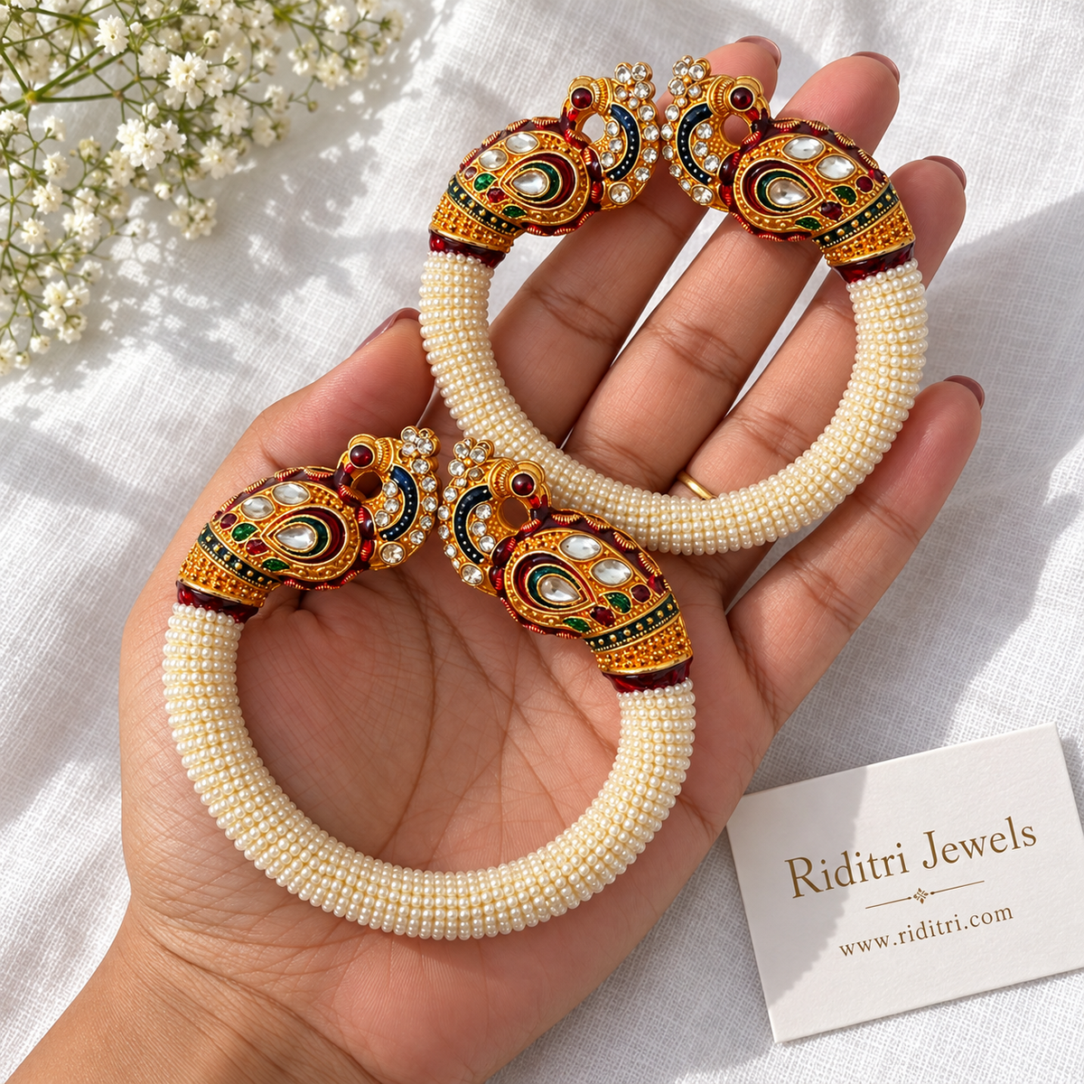 Royal Rajwadi Peacock Pearl Bangles – Free Size, Front Open (Set of 2)