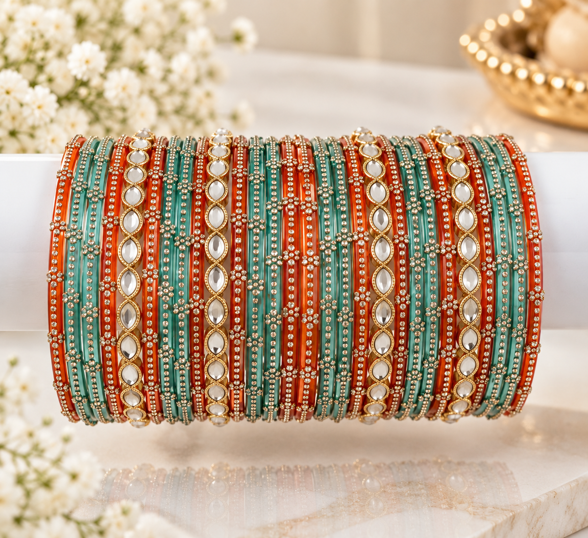 Phulkari Orange & Teal Glass Bangles Combo – 2 Dozen