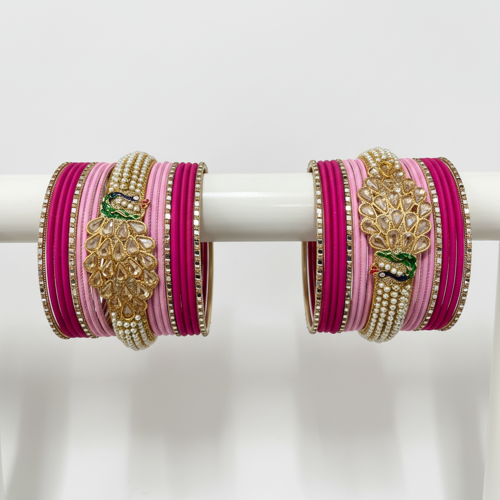 Pink Peacock Metal Bangle Set