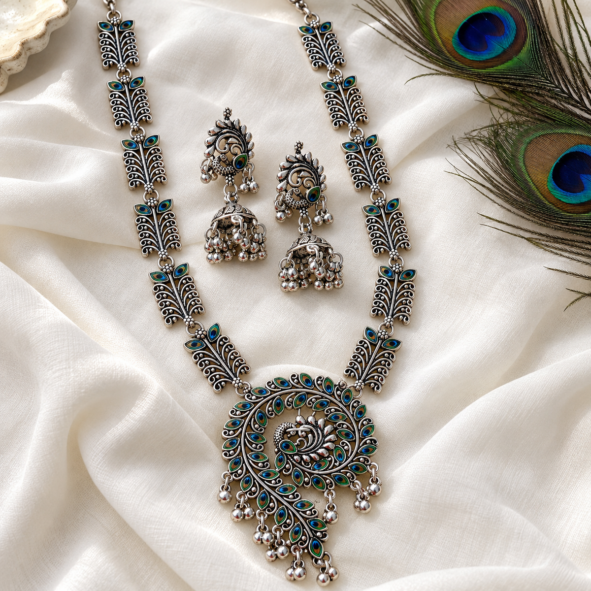 Morpankh Oxidised Necklace Set – silver-toned peacock jhumka earrings with ghungroos and feather-design necklace links, view 3
