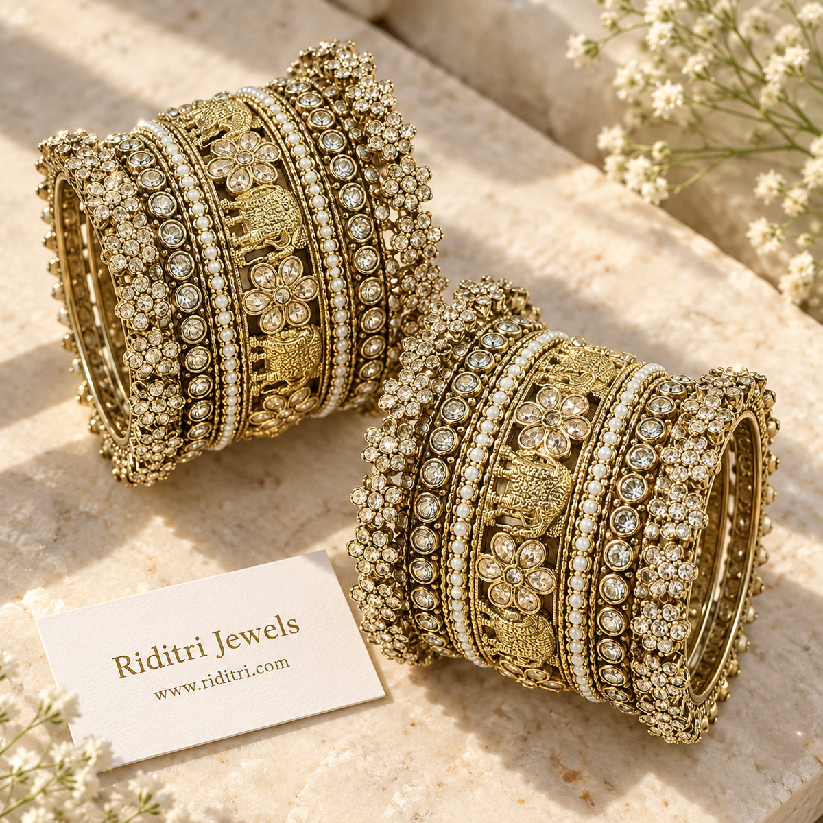 Flower Elephant Copper Stone Bangles Set