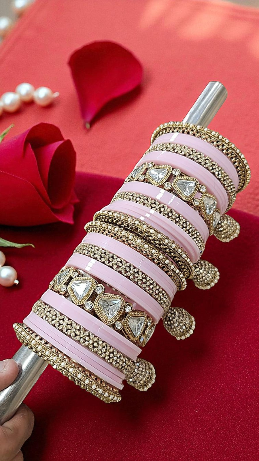 Bridal Kundan Baby Pink Bangles Set