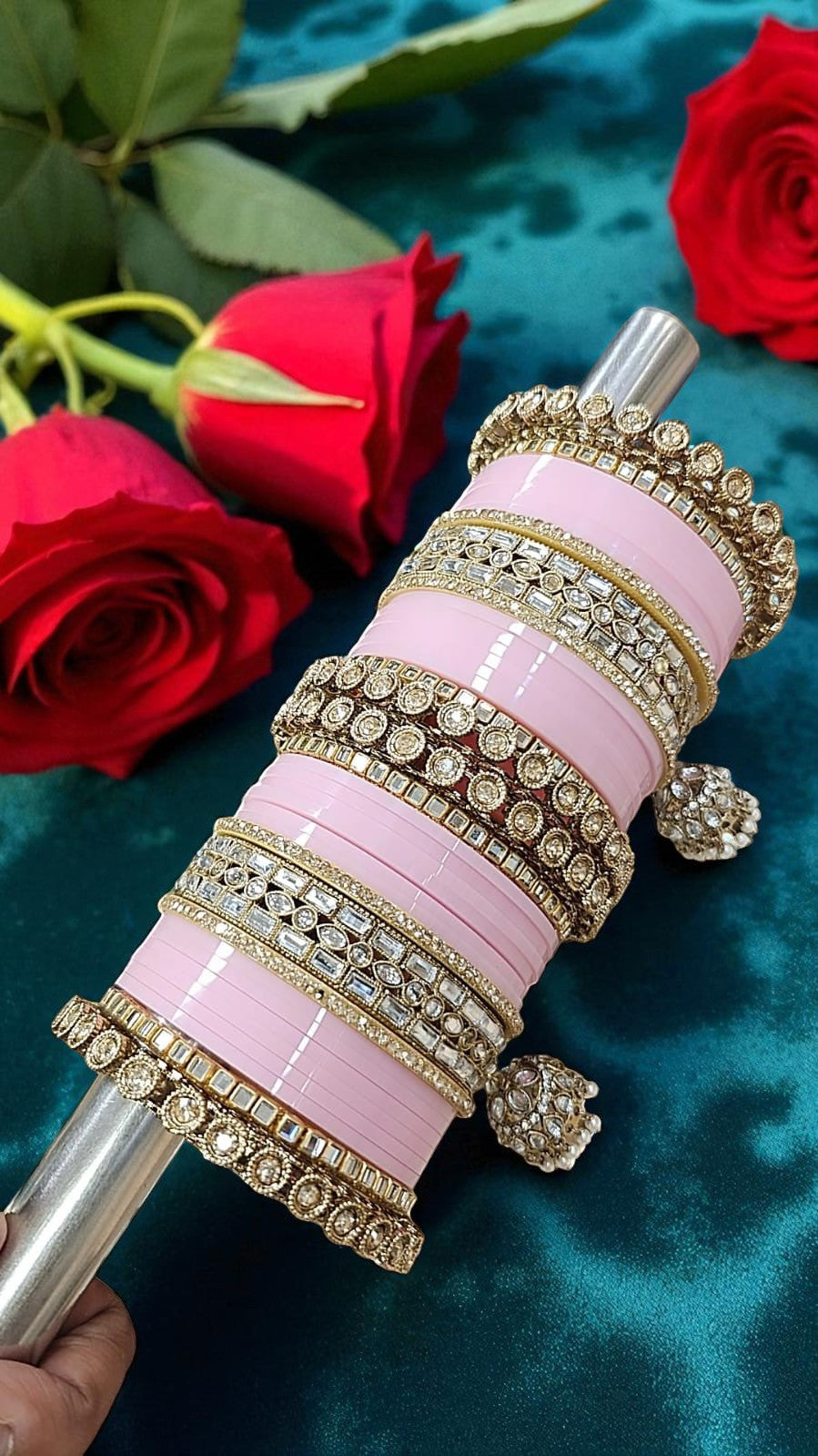 Bridal Kundan Hanging Baby Pink Bangles Set