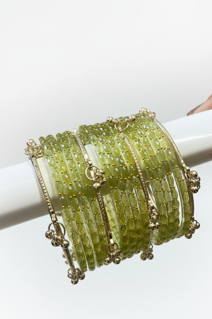 Viral Kashmiri Ghungroo Glass Bangle Set- Light Green 2 Dozen