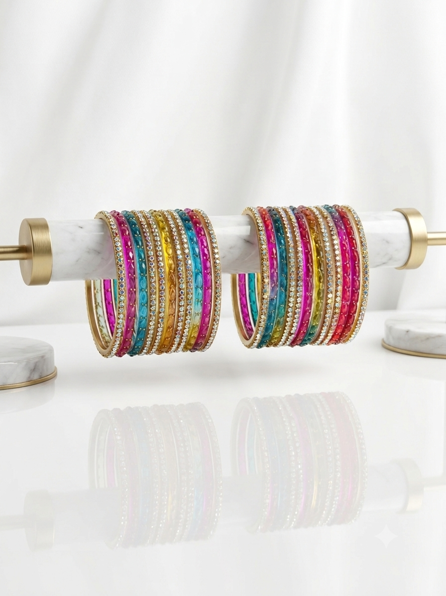 Rainbow Multicolor Raindrop Glass Bangles Set