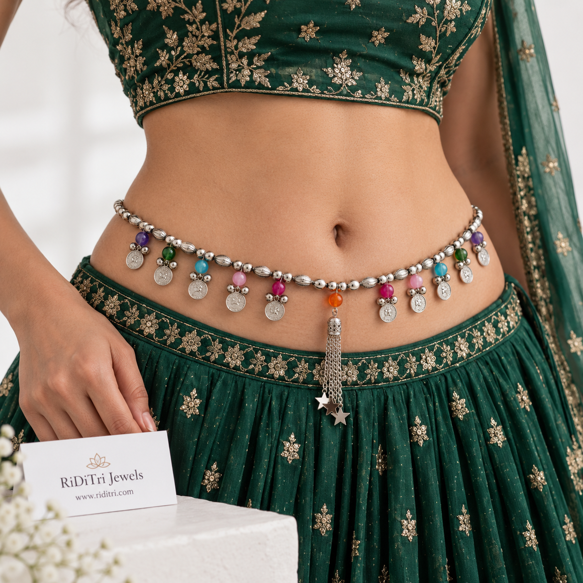 Multicolour stone silver-toned waist belt with ghungroo bells and long adjustable chain, view 4